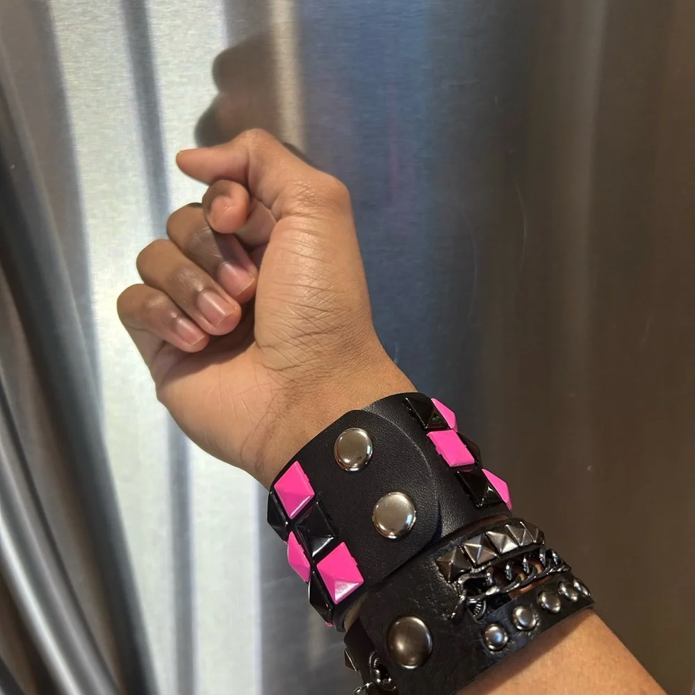 My Valentines Pack 2 PCs Pink and Black faux leather Gothic studded Chain Punk - Picture 3 of 8